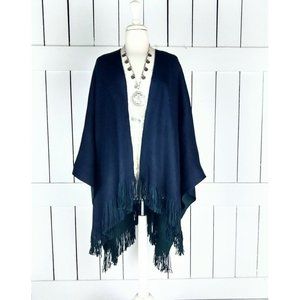 Solid blue woven fringe blanket kimono cover up/reversible cardigan kimono